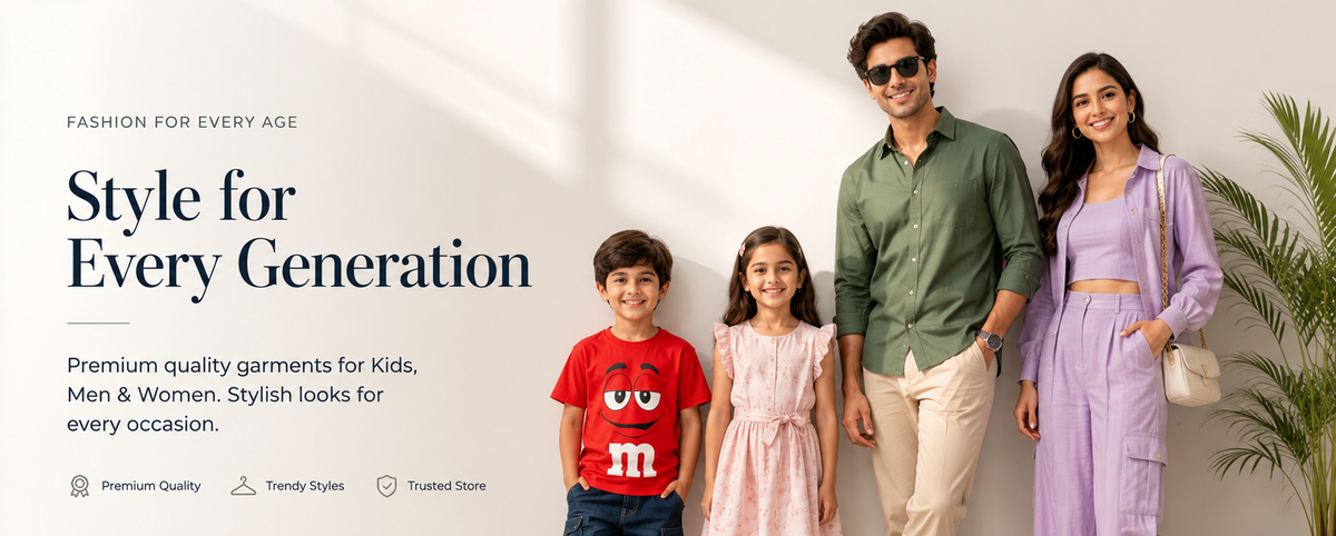 A family of four stands together in a bright indoor setting wearing coordinated apparel. The man wears a green button-up shirt and beige pants, the woman wears a lavender cropped jacket and matching pants, the boy wears a red graphic T-shirt and dark shorts, and the girl wears a light pink dress.