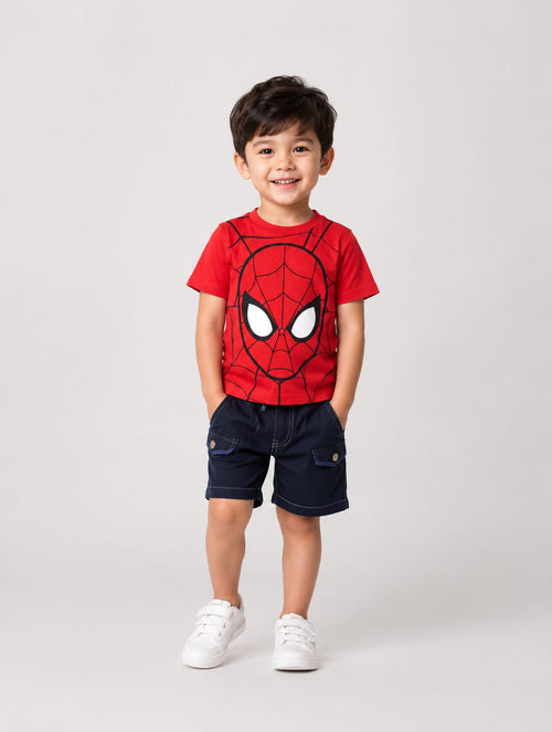 Kids Red Spider Hero Printed Cotton T-Shirt with Denim Shorts Co-Ord Set for Boys | 1-6 Years