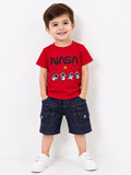 Boys Red NASA Printed T-Shirt with Denim Shorts Co-Ord Set | Kids Casual Summer Outfit (1-6 Years)