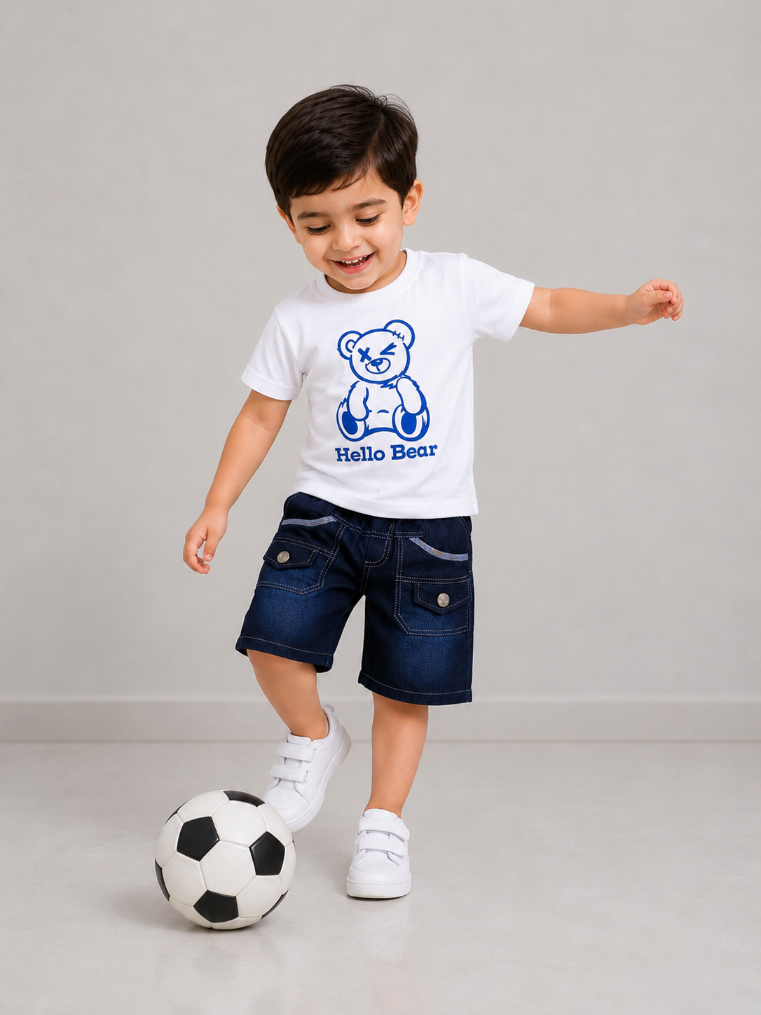 Boys White "Hello Bear" Printed T-Shirt with Denim Shorts Co-Ord Set | Kids Casual Outfit (1-6 Years)