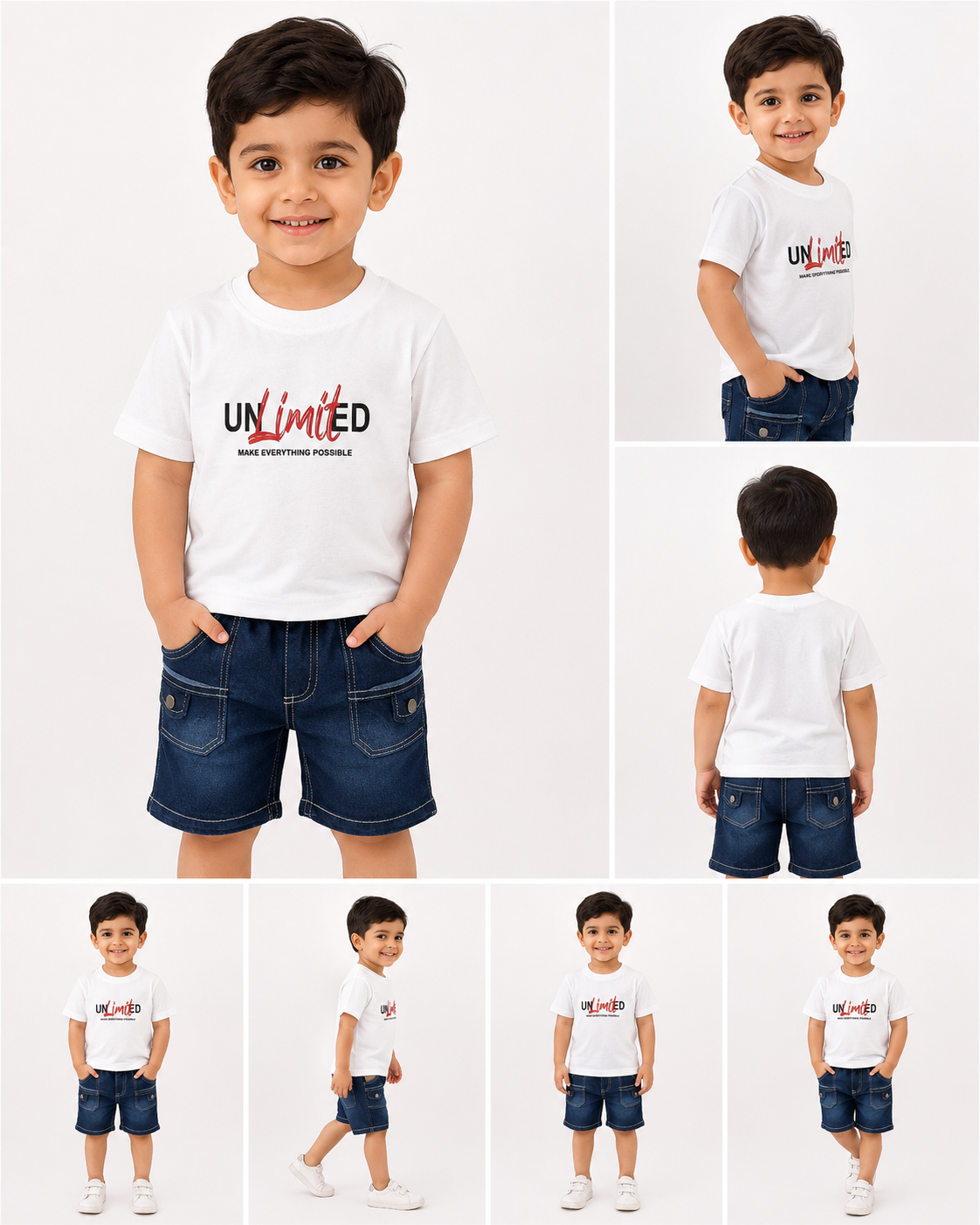 Kids White Printed T-Shirt with Denim Shorts Co-Ord Set for Boys | Cotton Summer Outfit (1-6 Years)