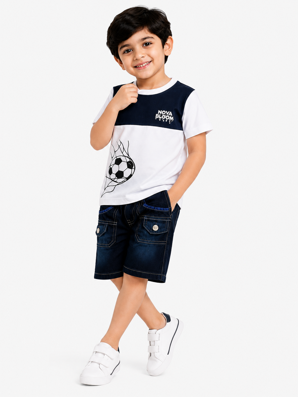 Boys White Football Printed T-Shirt with Denim Shorts Co-Ord Set | Kids Casual Summer Outfit (1-6 Years)