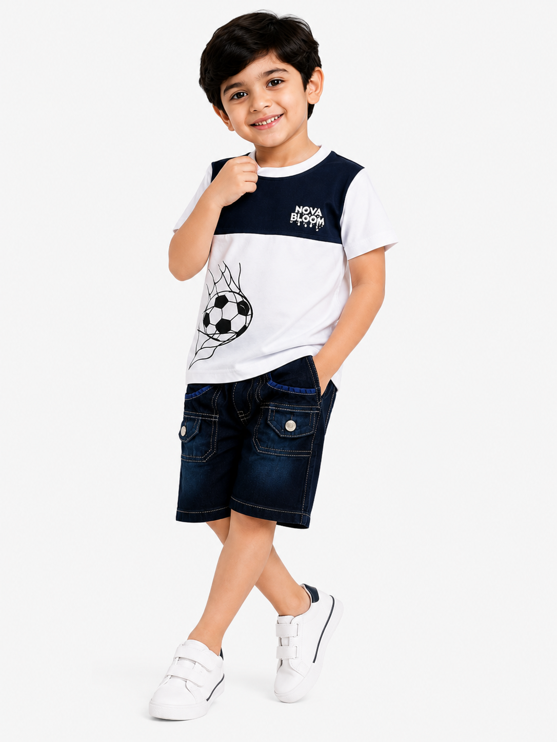 Boys White Football Printed T-Shirt with Denim Shorts Co-Ord Set | Kids Casual Summer Outfit (1-6 Years)