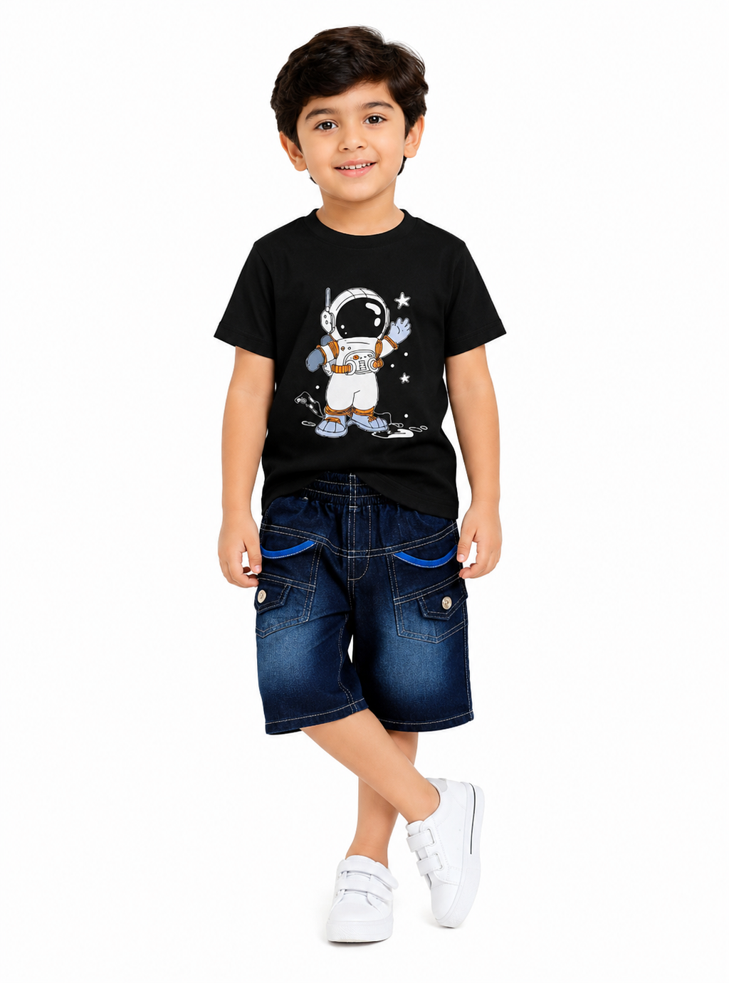 Boys Black Astronaut Printed T-Shirt with Denim Shorts Co-Ord Set | Kids Casual Summer Outfit (1-6 Years)
