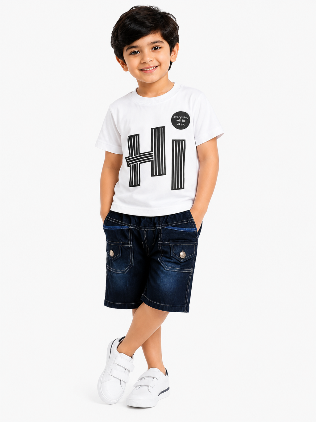 Boys White "HI" Graphic Printed T-Shirt with Denim Shorts Co-Ord Set | Kids Casual Summer Outfit (1-6 Years)