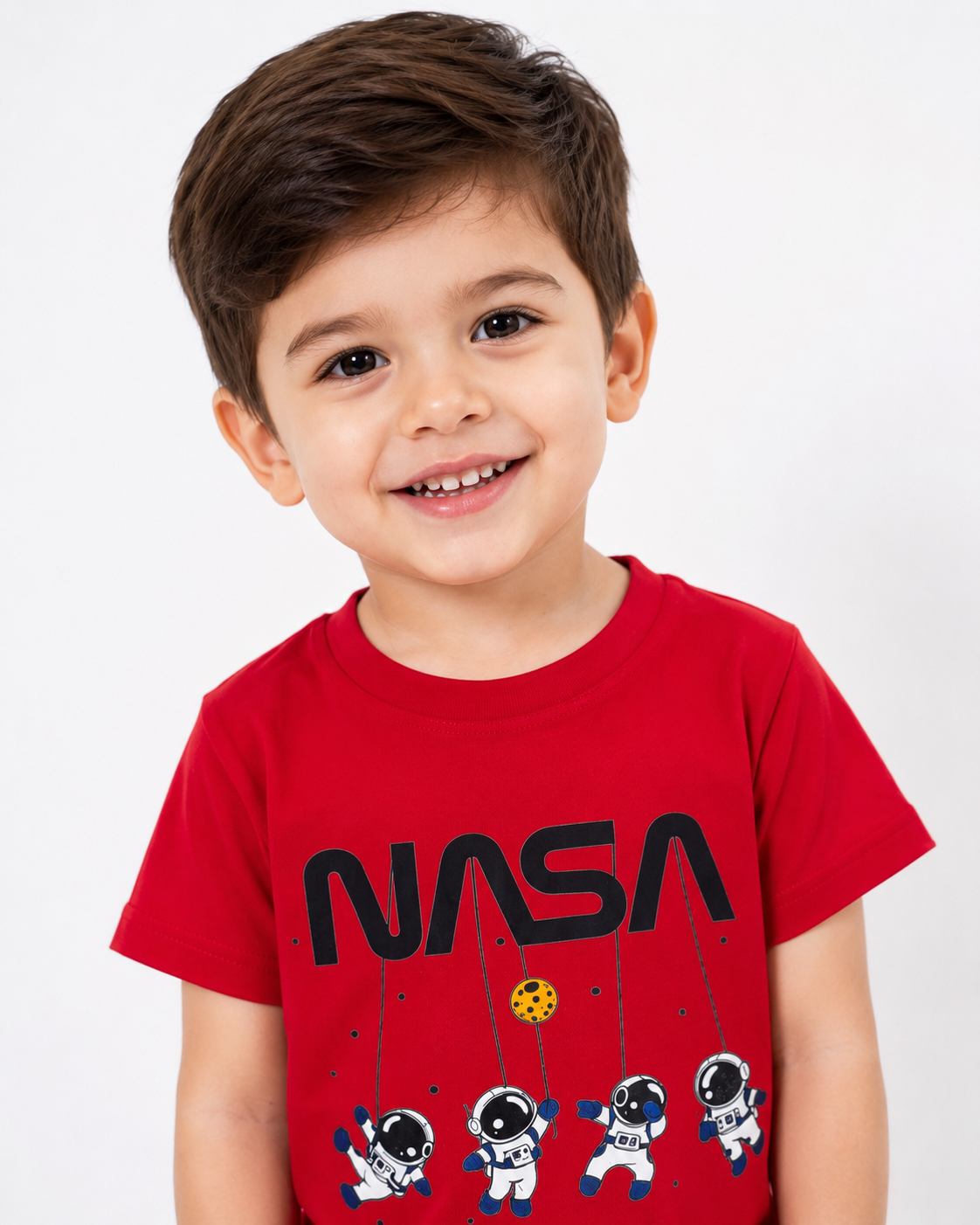 Boys Red NASA Printed T-Shirt with Denim Shorts Co-Ord Set | Kids Casual Summer Outfit (1-6 Years)