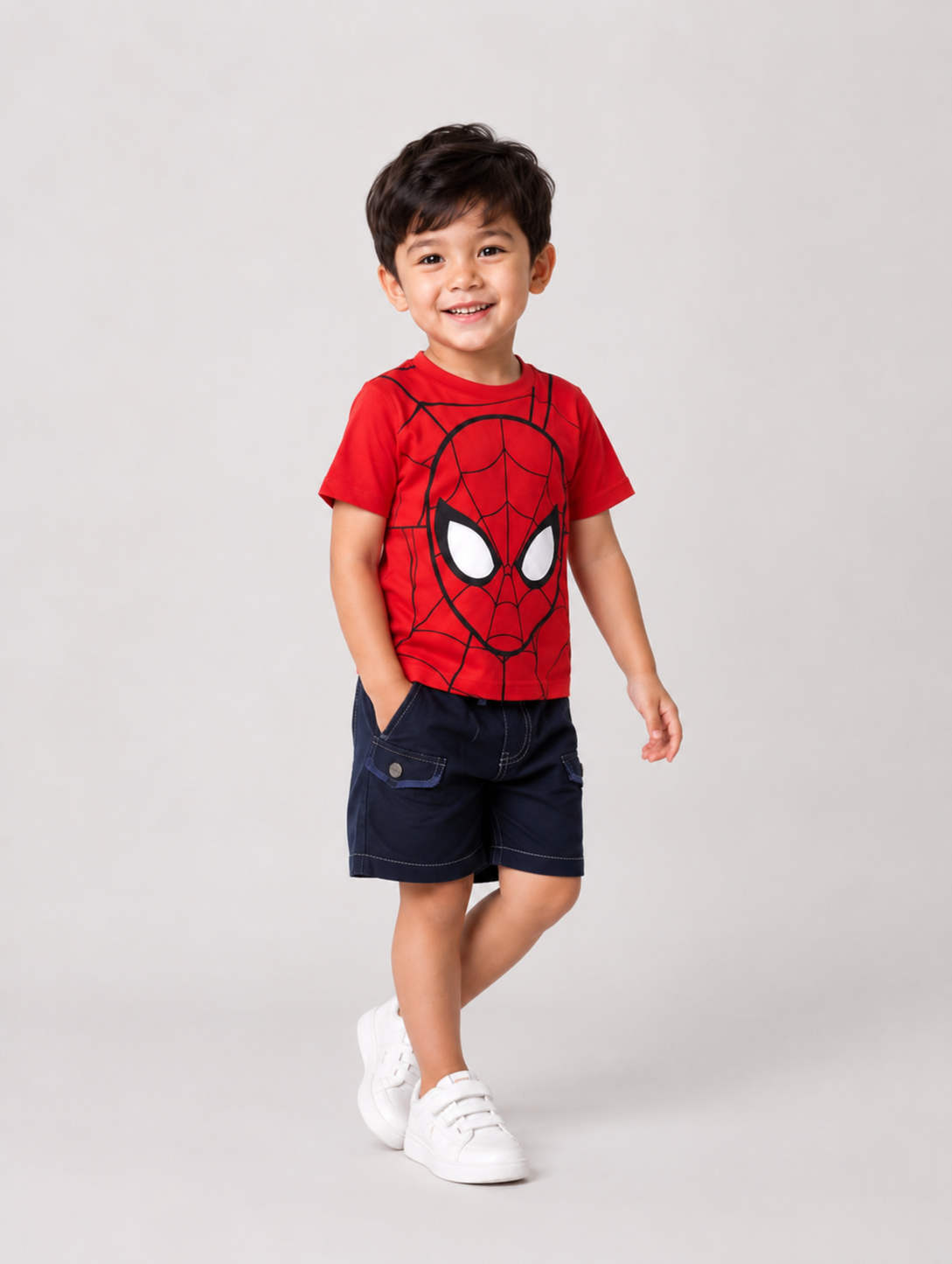Kids Red Spider Hero Printed Cotton T-Shirt with Denim Shorts Co-Ord Set for Boys | 1-6 Years