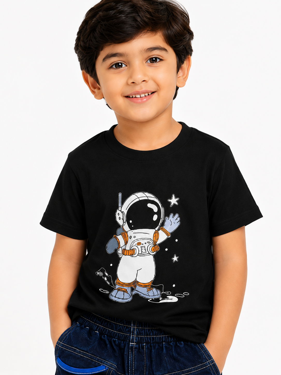 Boys Black Astronaut Printed T-Shirt with Denim Shorts Co-Ord Set | Kids Casual Summer Outfit (1-6 Years)
