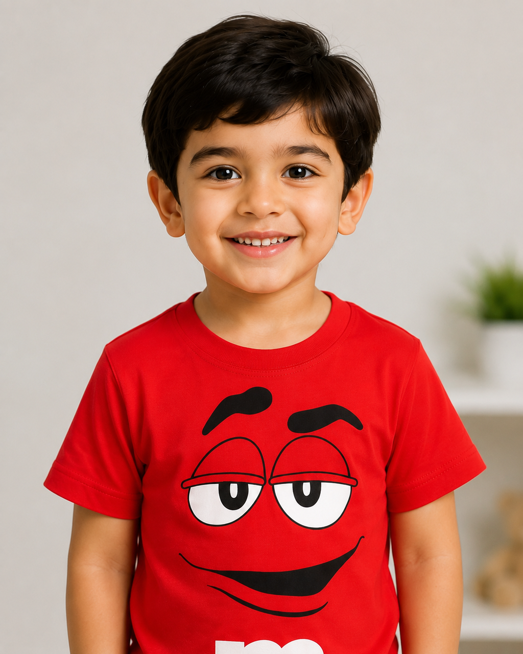 Kids Red Cartoon Face Printed Cotton T-Shirt with Denim Shorts Co-Ord Set for Boys | 1-6 Years
