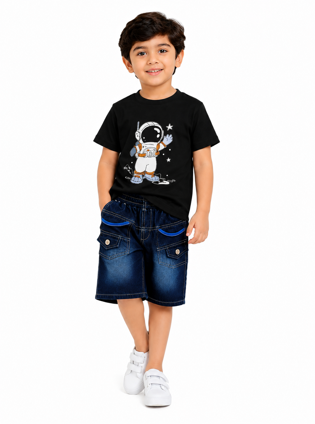 Boys Black Astronaut Printed T-Shirt with Denim Shorts Co-Ord Set | Kids Casual Summer Outfit (1-6 Years)