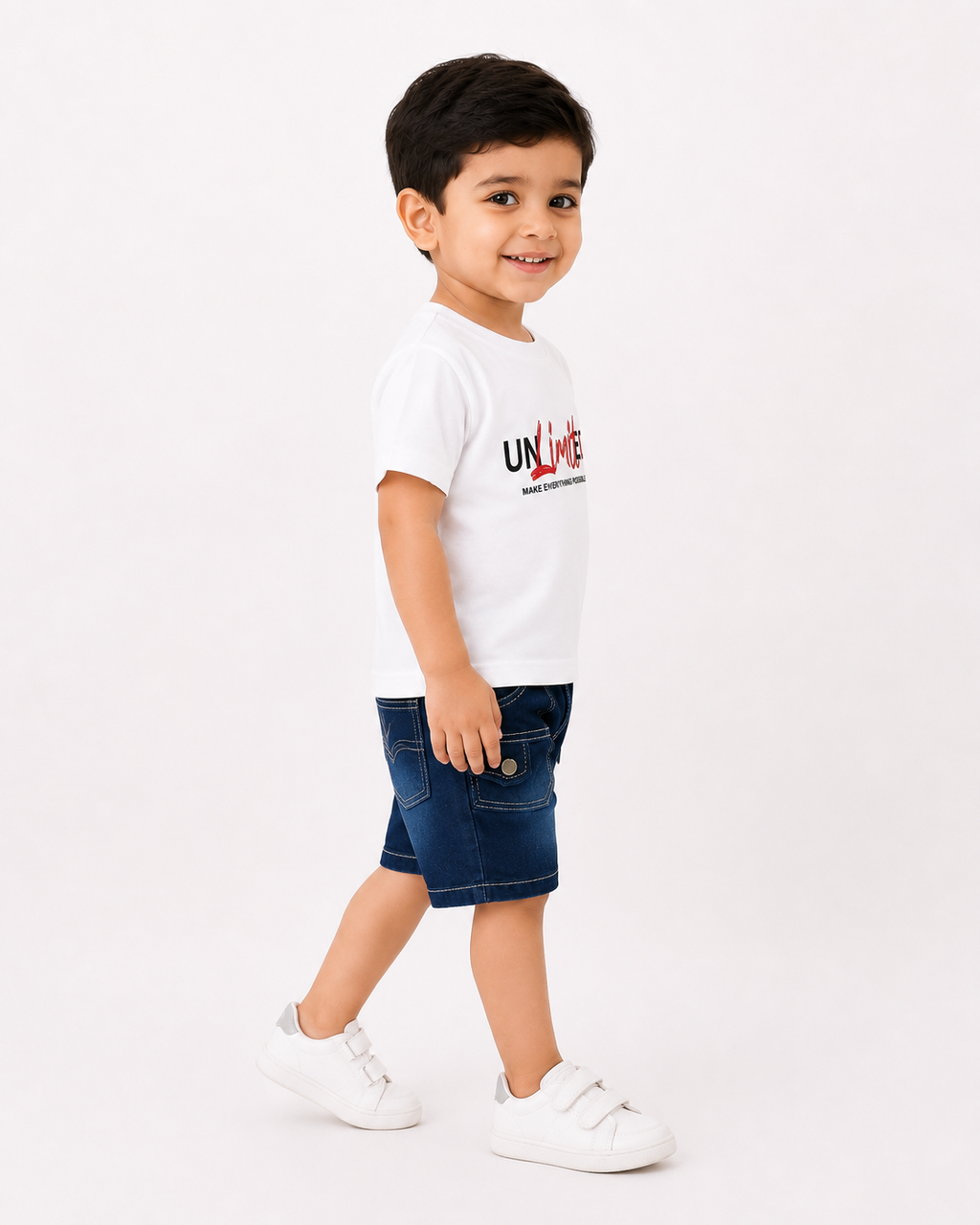Kids White Printed T-Shirt with Denim Shorts Co-Ord Set for Boys | Cotton Summer Outfit (1-6 Years)