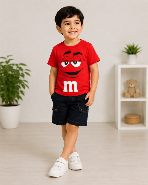 Kids Red Cartoon Face Printed Cotton T-Shirt with Denim Shorts Co-Ord Set for Boys | 1-6 Years