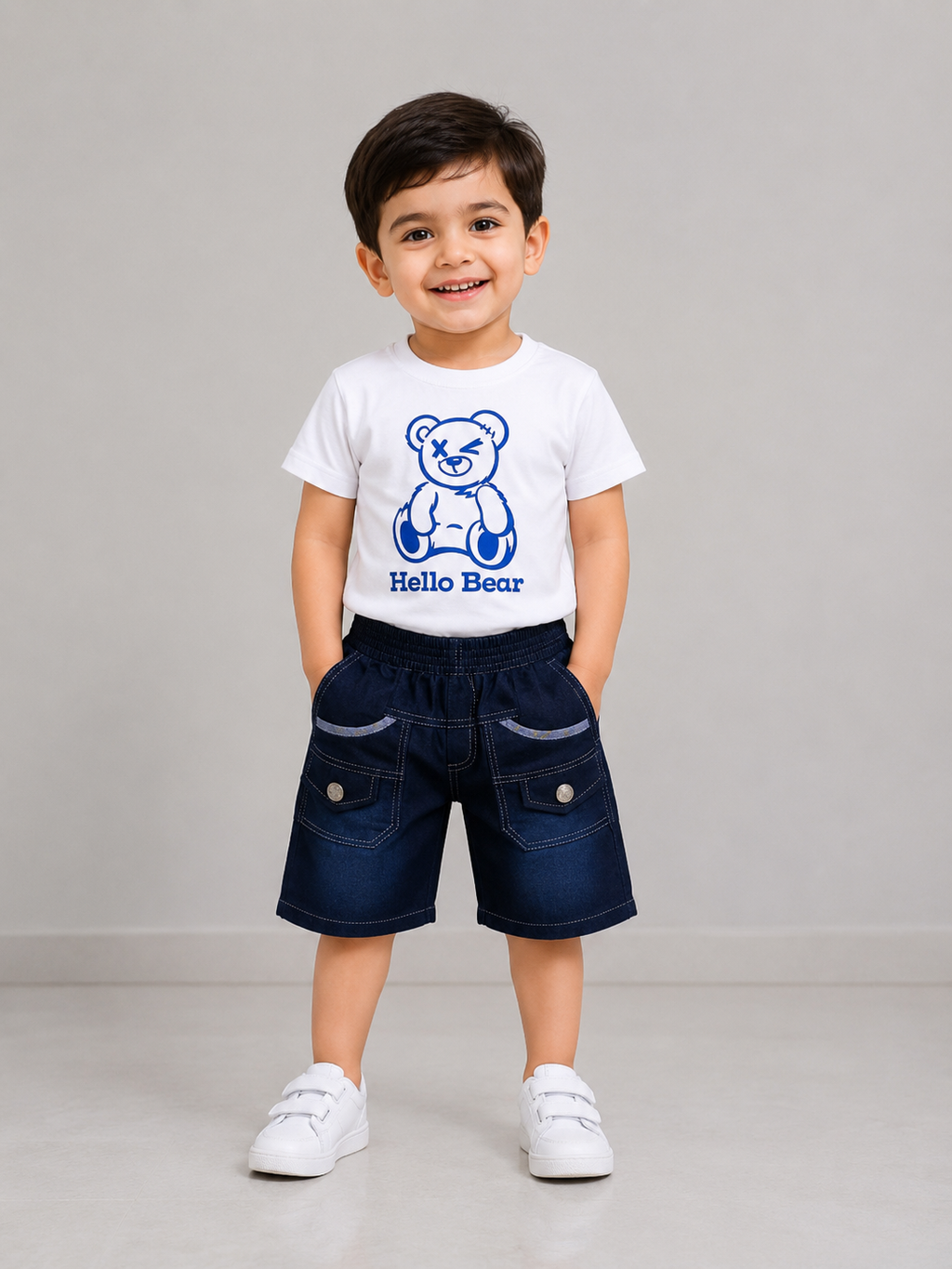 Boys White "Hello Bear" Printed T-Shirt with Denim Shorts Co-Ord Set | Kids Casual Outfit (1-6 Years)