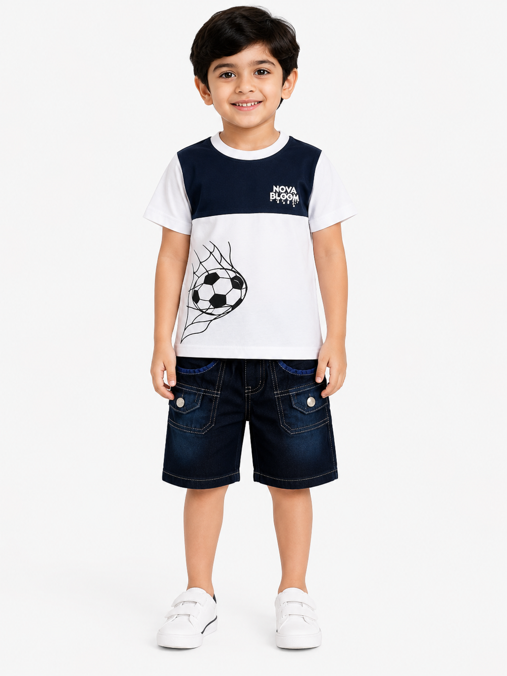 Boys White Football Printed T-Shirt with Denim Shorts Co-Ord Set | Kids Casual Summer Outfit (1-6 Years)
