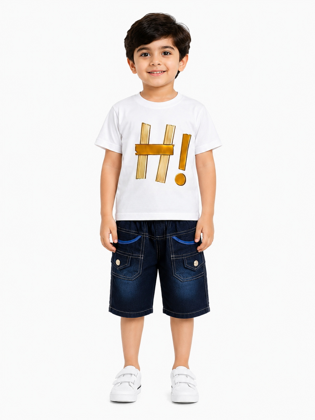 Boys White Graphic T-Shirt with Denim Shorts Co-Ord Set | 1-6 Years