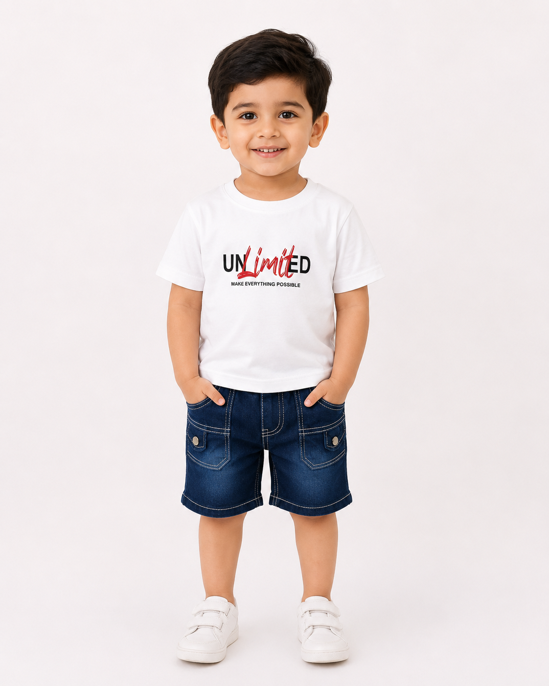 Kids White Printed T-Shirt with Denim Shorts Co-Ord Set for Boys | Cotton Summer Outfit (1-6 Years)