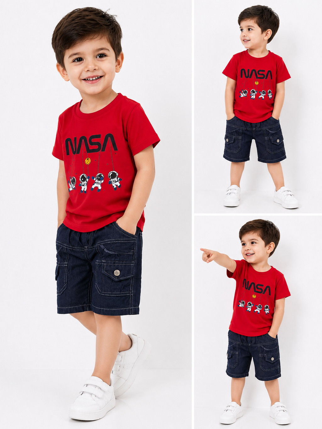 Boys Red NASA Printed T-Shirt with Denim Shorts Co-Ord Set | Kids Casual Summer Outfit (1-6 Years)