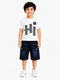 Boys White "HI" Graphic Printed T-Shirt with Denim Shorts Co-Ord Set | Kids Casual Summer Outfit (1-6 Years)