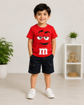 Kids Red Cartoon Face Printed Cotton T-Shirt with Denim Shorts Co-Ord Set for Boys | 1-6 Years