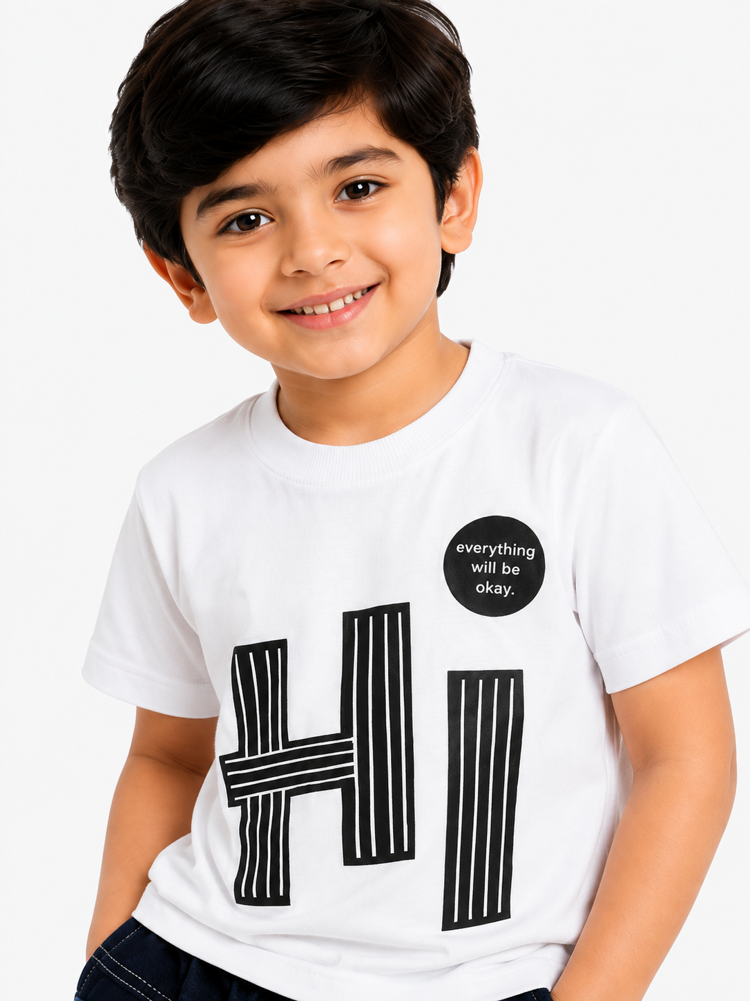 Boys White "HI" Graphic Printed T-Shirt with Denim Shorts Co-Ord Set | Kids Casual Summer Outfit (1-6 Years)