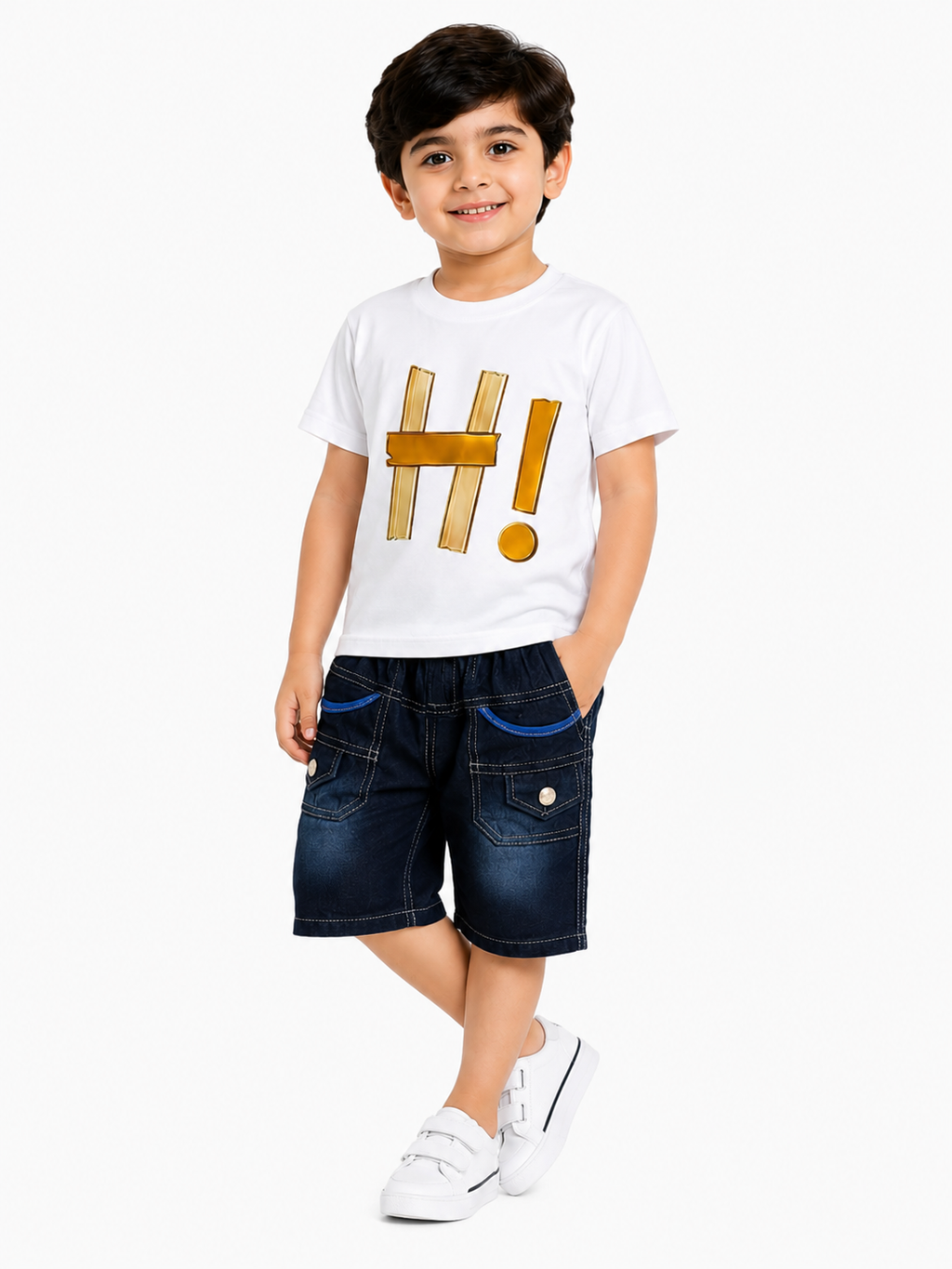 Boys White Graphic T-Shirt with Denim Shorts Co-Ord Set | 1-6 Years